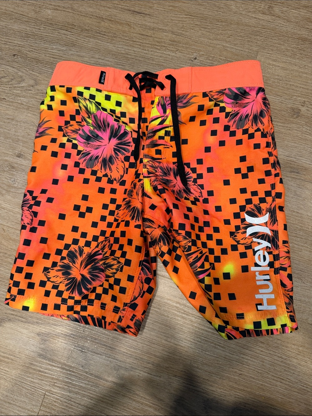 Hurley Men’s Neon Orange Floral Check Boardshorts